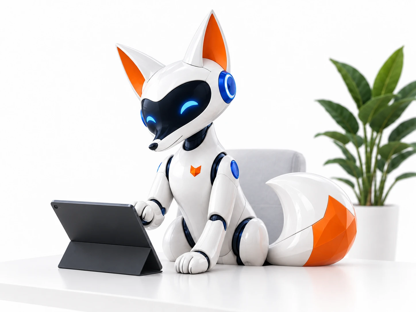 ThreadFox, a sculptural fox AI employee working at a tablet